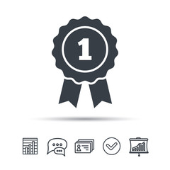 Winner medal icon. Award emblem symbol. Chat speech bubble, chart and presentation signs. Contacts and tick web icons. Vector