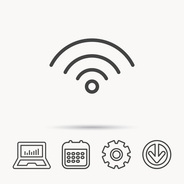 Wifi icon. Wireless wi-fi network sign. Internet symbol. Notebook, Calendar and Cogwheel signs. Download arrow web icon. Vector