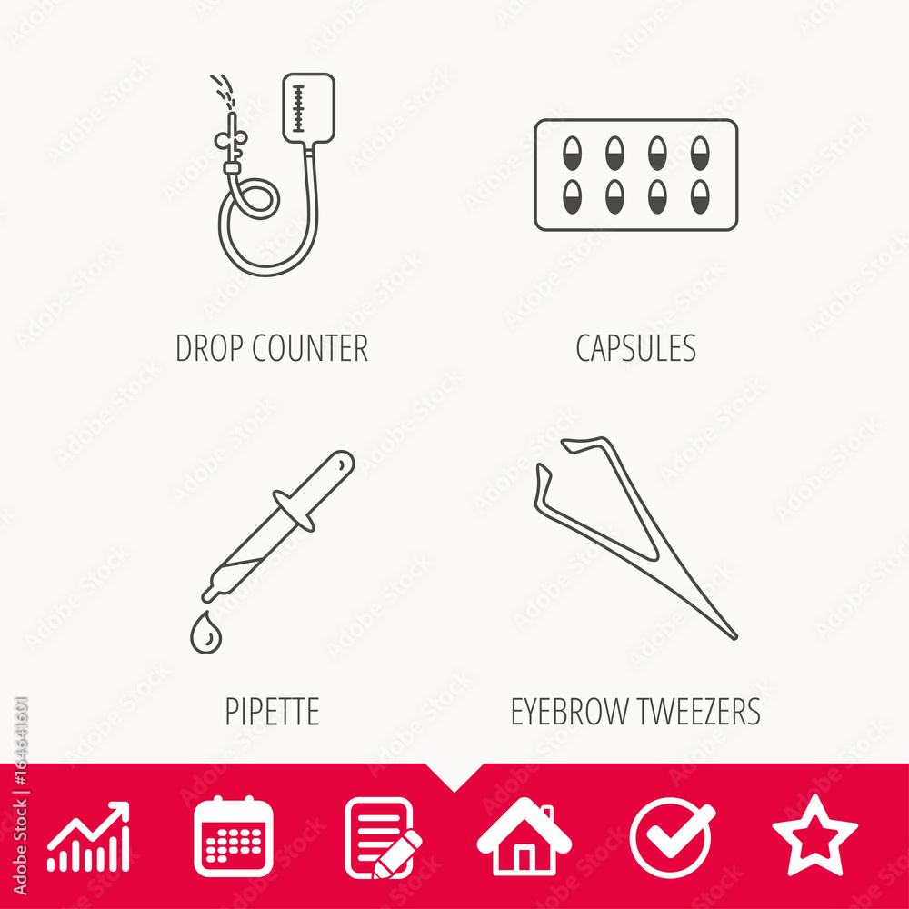 Poster drop counter, capsules and pipette icons. eyebrow tweezers linear sign. edit document, calendar and 