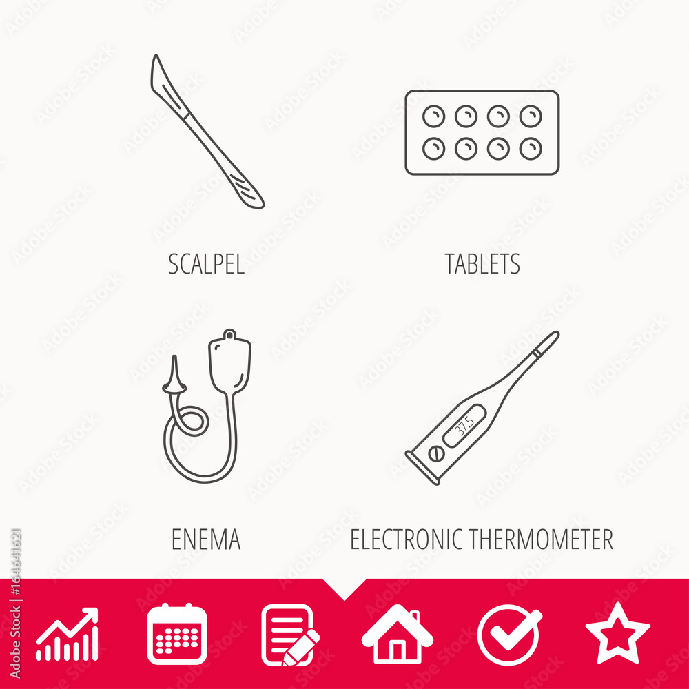 Poster electronic thermometer, tablets and scalpel icons. enema linear sign. edit document, calendar and gr