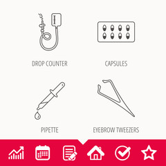 Drop counter, capsules and pipette icons. Eyebrow tweezers linear sign. Edit document, Calendar and Graph chart signs. Star, Check and House web icons. Vector