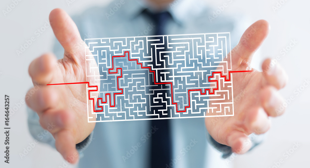Poster Businessman searching solution of a complicated maze