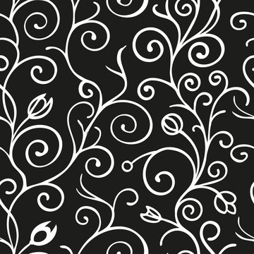 Black and white seamless pattern background with scroll ornament. Vintage element for design in line art style. Ornamental lace backdrop. Ornate floral decor for wallpaper. Endless vintage texture.