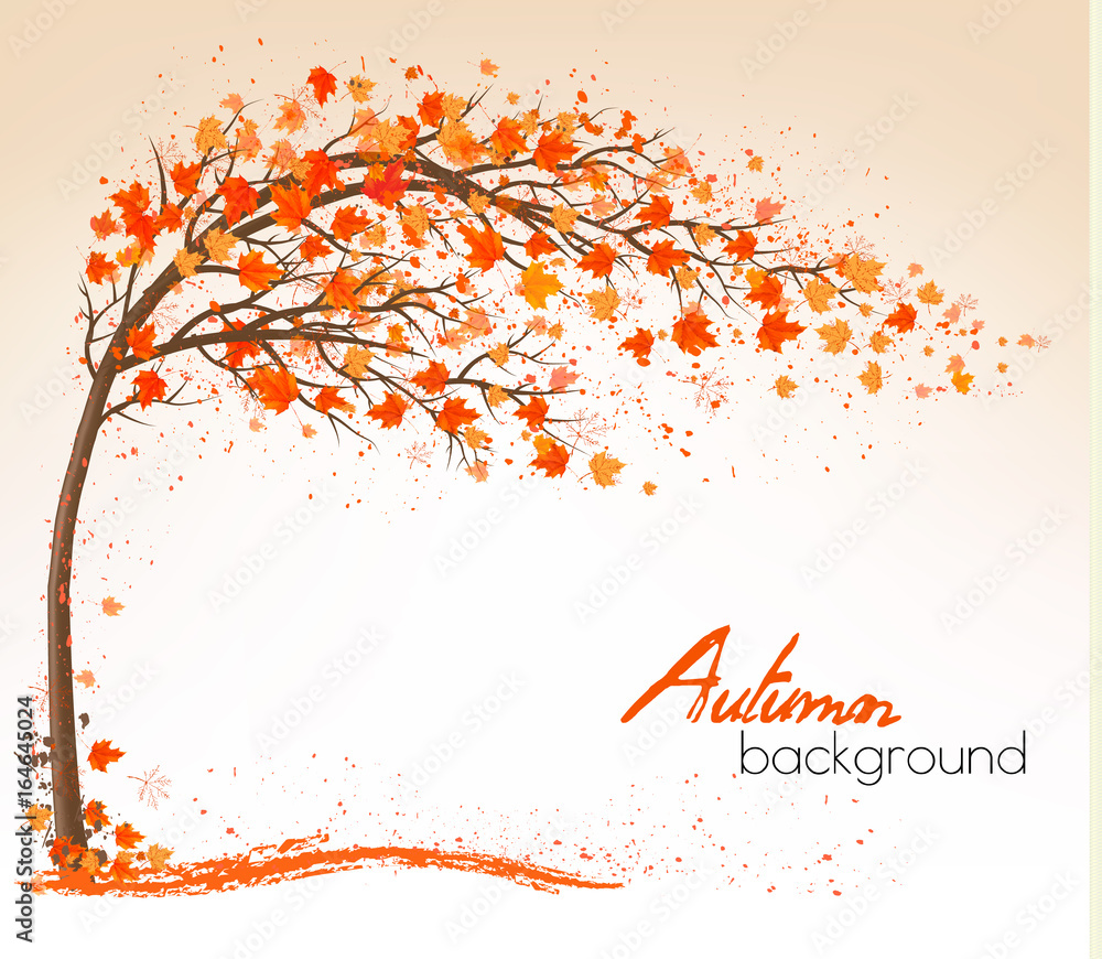 Poster Autumn background with a tree and a colorful leaves. Vector.