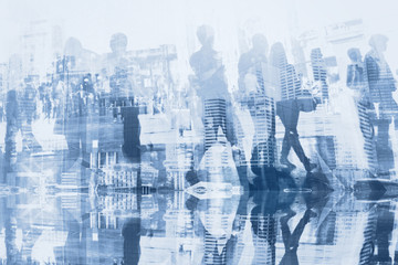 business people double exposure with reflection, abstract silhouettes of crowd, concept background