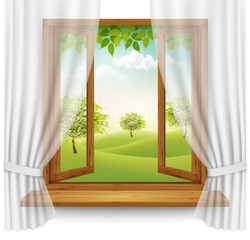 Nature summer background with wooden window frame with curtains Vector