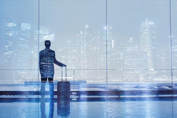 airport double exposure, business travel background, passenger with suitcase luggage