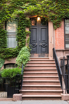 Ivy covered exterior door on New York City brownstone apartment Building 