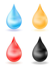 Set of realistic drops, yellow, blue, red, black. 3d drop isolated on white background. Water, blood, oil honey Vector illustration