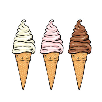 Beautiful ice cream in a waffle horn. Vector illustration for a postcard or a poster, print for clothes. A realistic drawing.