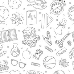 Back to school seamless pattern, hand drawing, doodle style. Stationery endless background. Education Line repeating texture. Vector illustration
