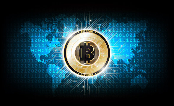 Golden bitcoin digital currency on binary code world map, futuristic digital money, technology worldwide network concept, vector illustration