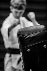 Martial artist practicing on bag.