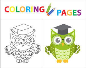 Coloring book page. Wise owl wearing glasses. Sketch outline and color version. Coloring for kids. Childrens education. Vector illustration