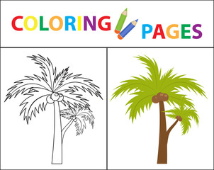 Coloring book page. Palm. Sketch outline and color version. Coloring for kids. Childrens education. Vector illustration