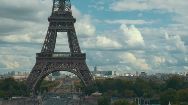 Establishing shot of the Eiffel Tower at an unusual and interesting angle.