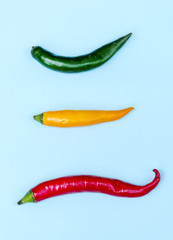 Aerial view of fresh red green yellow chili peppers on blue background