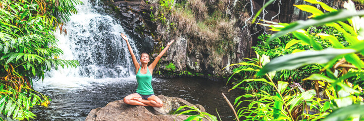 Yoga nature waterfall wellness retreat woman banner meditating. Meditation happy girl with open...