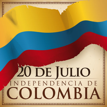 Design With Ragged Flag Over Scroll For Colombian Independence Day, Vector Illustration