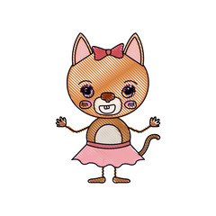 color crayon silhouette caricature of cute female cat in skirt with bow lace with happiness expression and smile vector illustration