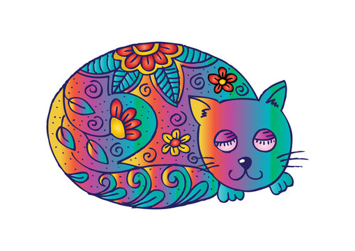 Doodle funny cat with floral.