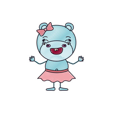 color crayon silhouette caricature of cute expression female hippo in skirt with bow lace smiling vector illustration