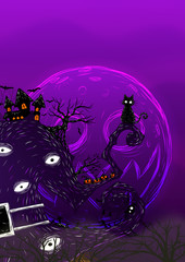 Halloween background by hand drawing.Old witch on dark background.