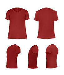 Red T-shirt template set, blank shirt front, side, perspective, rear views, different angles, vector eps10 illustration isolated on white background