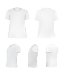 White T-shirt template set, blank shirt front, side, perspective, rear views, different angles, vector eps10 illustration isolated on white background