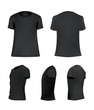 Black T-shirt template set, blank shirt front, side, perspective, rear views, different angles, vector eps10 illustration isolated on white background
