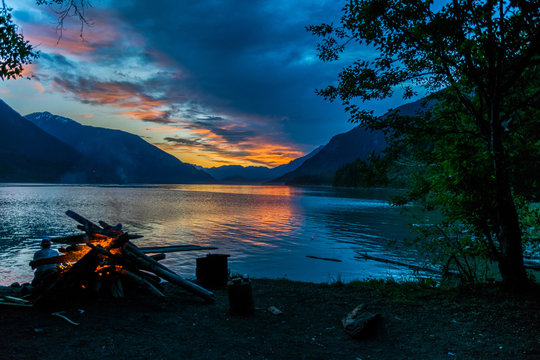 Fire And Sunset On Lillooet Lake 2