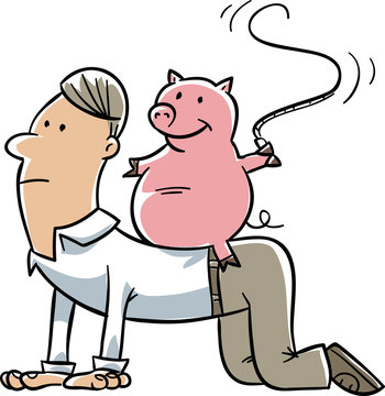 A cartoon of a happy pig riding on the back of a man and cracking a whip.