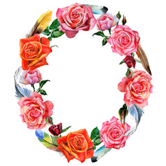 Wildflower rose flower wreath in a watercolor style. Full name of the plant: rose. Aquarelle wild flower for background, texture, wrapper pattern, frame or border.
