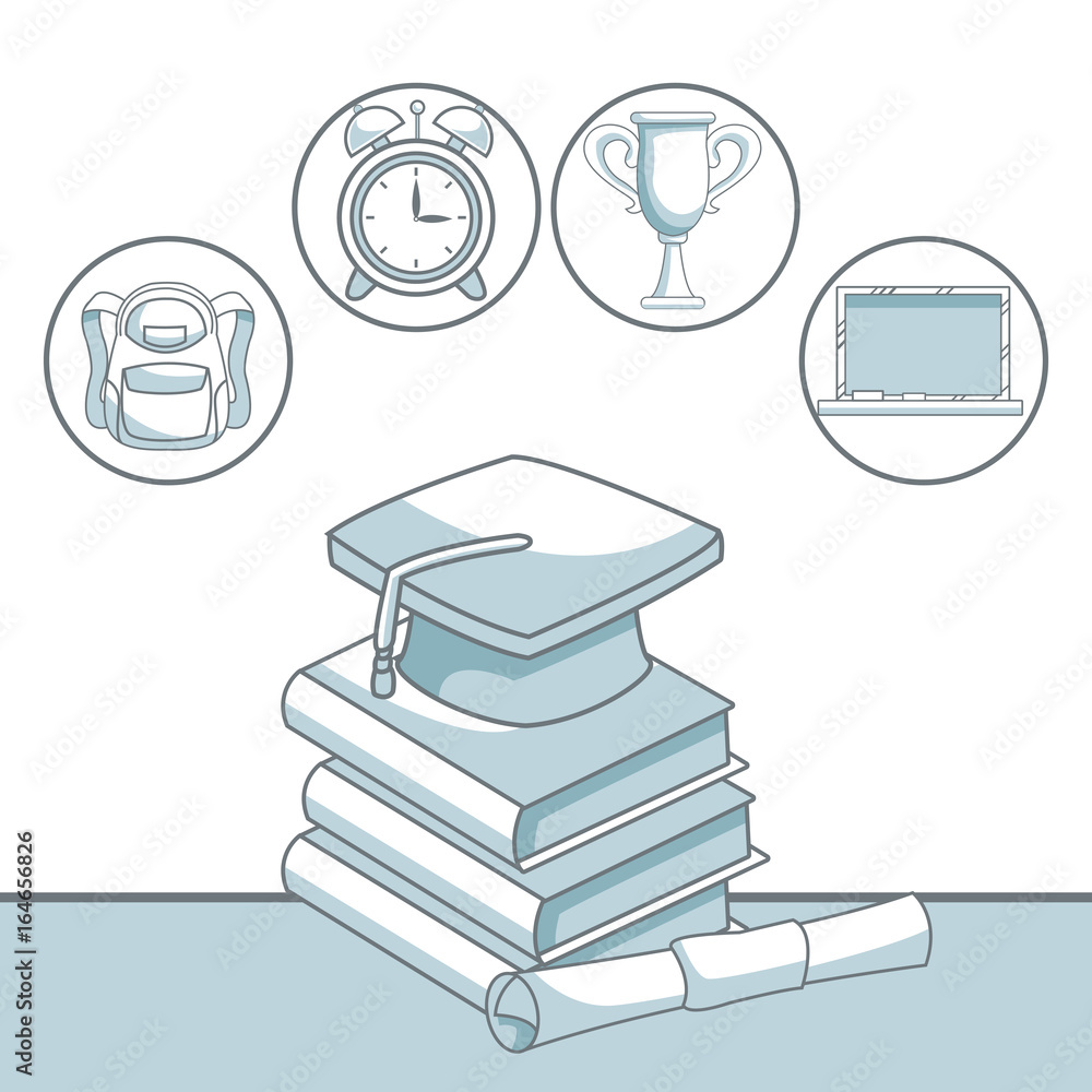Poster white background with color silhouette shading of stack book with graduation cap and certificated wi