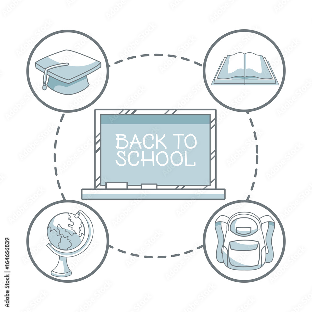 Poster white background with color silhouette shading of chalk board with text back to school and icons elements academic around