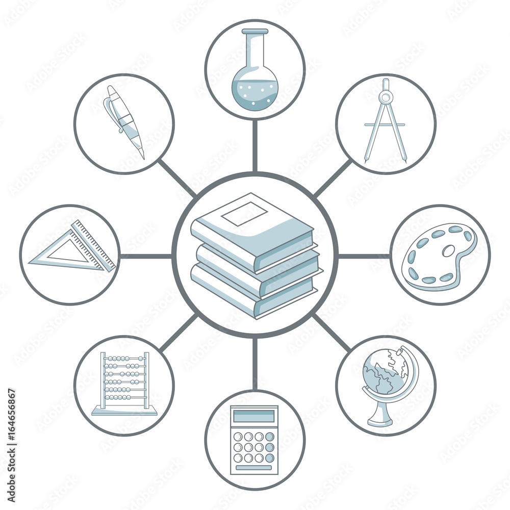 Poster white background with color silhouette shading of stack of books connected to school elements academ