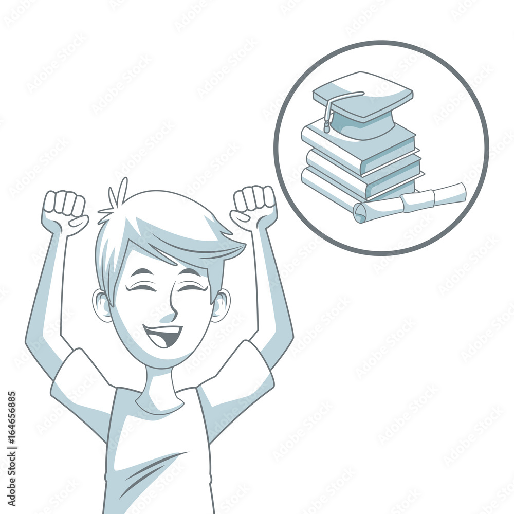 Poster white background with color silhouette shading of guy student and circular icon stack of books with 