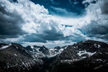 Storm clouds over the snow-capped Rocky Mountains. Colorado State, USA