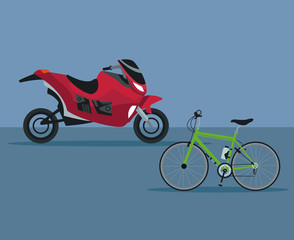 color background with modern motorcycle and bicycle vehicle transport