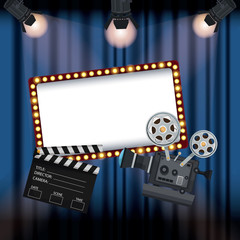 color background stage cinema curtain with spotlights movie film projector and clapperboard