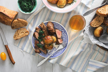 Plate with steak grilled and new fried potatoes