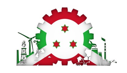 Energy and Power icons set with flag of the Burundi. Sustainable energy generation and heavy industry. 3D rendering.