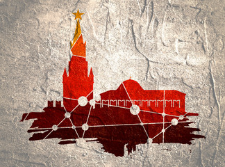 Spasskaya Tower of Kremlin and part of the wall in Moscow. Grunge brush. Molecule And Communication. Connected lines with dots. Grunge texture effect