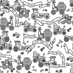  Pattern with retro cars, stones flags and text. Seamless background. Vector illustration.