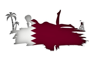 Young woman sunbathing on a beach. Cutout silhouette of the relaxing girl on a grunge brush stroke. Palm and lifeguard tower. Flag of the Qatar on backdrop. 3D rendering.