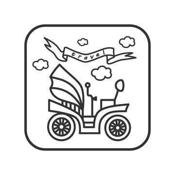 Old car, flag and clouds. Linear vector icon.