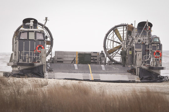 A US Navy Landing Craft Air Cushion (LCAC) takes part at a NATO military exercise, on 18 March 2017, in Capu Midia, Romania.