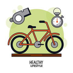 white background poster of healthy lifestyle with bicycle in closeup and whistle and chronometer on top