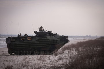 US Navy amphibious personnel carriers take part at a NATO military exercise, on 18 March 2017, in...