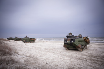 US Navy amphibious personnel carriers take part at a NATO military exercise, on 18 March 2017, in Capu Midia, Romania.
